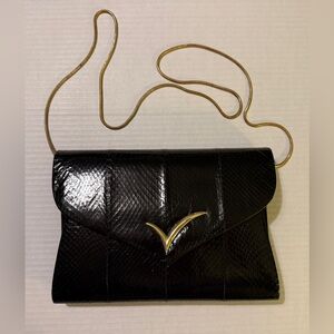 Vanna White RARE Vintage Black Snake Leather Clutch Chain Handbag Purse 1980